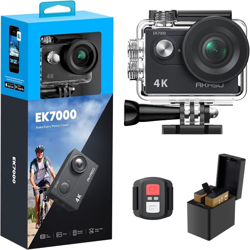 Photo 1 of ***(MISSING REMOTE)***AKASO EK7000 4K30fps Action Camera with 64GB MicroSDXC U3 Memory Card Accessories Kit Bundle Ultra HD 131FT Waterproof Underwater Camera EIS WiFi Remote Control 4X Zoom, Black