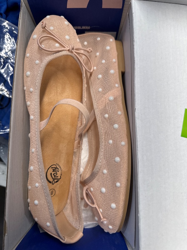 Photo 1 of (SIZE 8) (USED/FAIR) Trary Mesh Nude Ballet Flats for Women Bow Pearl Rhinestone Shoes for Women Mary Jane Nude Women's Flats Closed Round Toe Elastic Strap Comfortable Dressy Non-Slip Shoes for All-Year Daily Work Causal