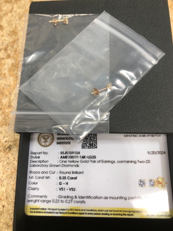 Photo 1 of Amazon Essentials IGI Certified 0.25 Carat Solitaire Lab Grown Diamond Stud Earrings in Solid 14k Yellow Gold - 4 Prong Round Cut (G-H Color, VS1-VS2 Clarity) - Gold Stud Earrings - Stud Earrings for Women