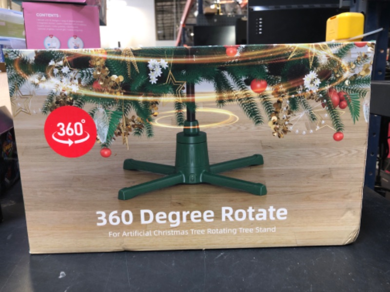 Photo 1 of COOLWUFAN 360-Dgree Rotating Christmas Tree Stand for Up to 9ft & 120lb Artificial Trees, 4 Built-in Power Outlets Base with Remote Control, Sturdy Revolving Holder for 7.5ft Xmas Tree