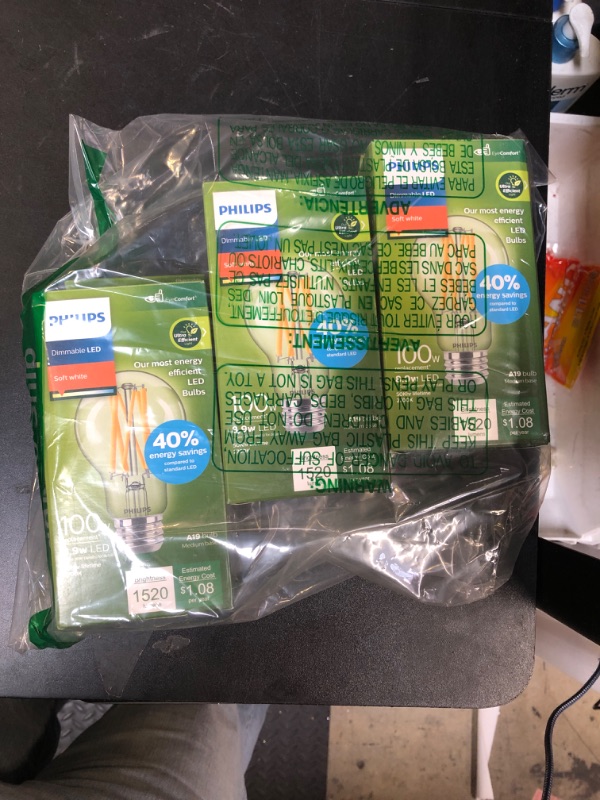 Photo 1 of Philips A19 Ultra Efficient Clear Dimmable LED Light Bulbs - Flicker-Free 100w Light Bulbs with EyeComfort Technology - Soft White 2700K - 800 Lumen - E26 Base - 3 Pack