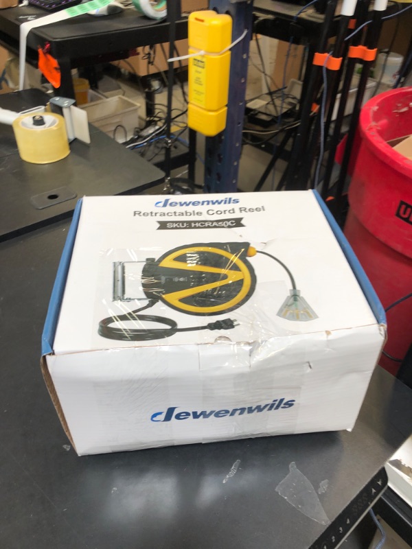 Photo 1 of DEWENWILS Retractable Cord Reel, New Slow Auto Return Technology, 50FT-Heavy Duty Electric Cord Reel, 14/3AWG SJTW, Lighted Triple Tap Outlets, 13 Amp Circuit Breaker, Ceiling/Wall Mount, ETL Listed