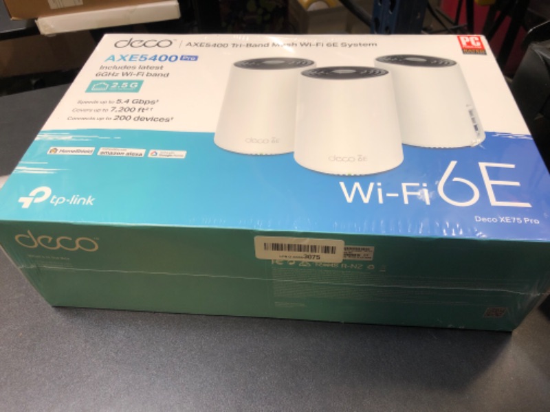 Photo 2 of TP-Link Deco AXE5400 Tri-Band WiFi 6E Mesh System(Deco XE75 Pro) - 2.5G WAN/LAN Port, Covers up to 7200 Sq.Ft, Replaces WiFi Router and Extender, AI-Driven Mesh, New 6GHz Band, 3-Pack DAMAGED PKG
