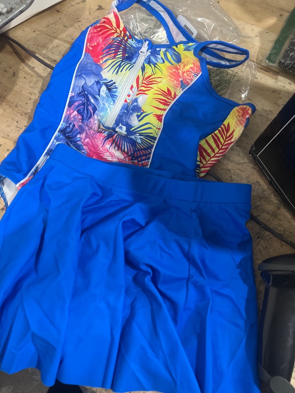 Photo 1 of 10Y BLUE ONE PIECE WITH TROPICAL PRINT BATHING SUIT WITH BLUE SKIRT