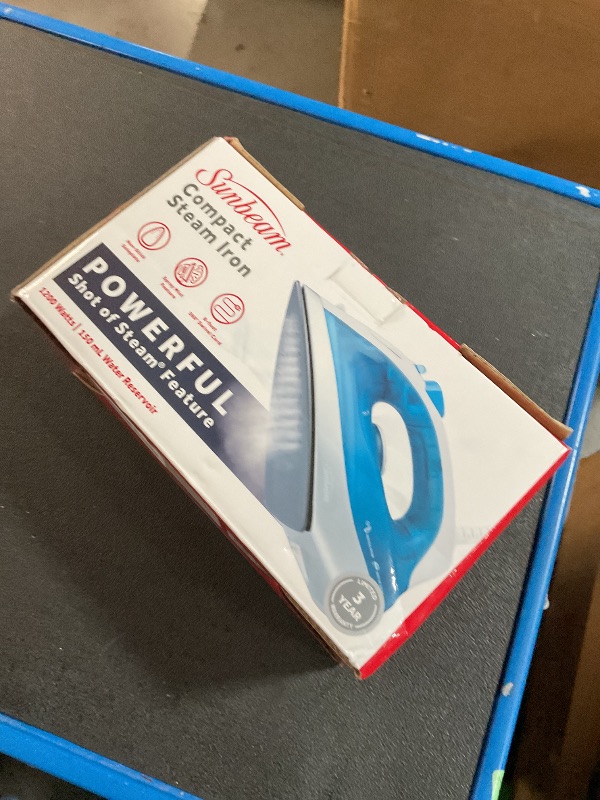 Photo 1 of Sunbeam Compact Steam Iron, 1200 Watts, Non-Stick Soleplate, Powerful Shot of Steam, Horizontal or Vertical, Spray Mist, Precision Tip, White/Blue