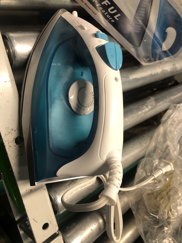 Photo 1 of Sunbeam Compact Steam Iron, 1200 Watts, Non-Stick Soleplate, Powerful Shot of Steam, Horizontal or Vertical, Spray Mist, Precision Tip, White/Blue