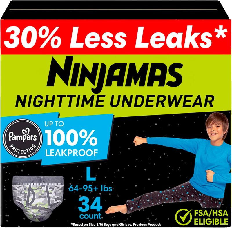 Photo 1 of ***FACTORY SEALED***Ninjamas Boys Bedwetting Nighttime Underwear, Size L (64-95+ lbs), 34 Count, Overnight Protection, Ultra Absorbent, Hypoallergenic