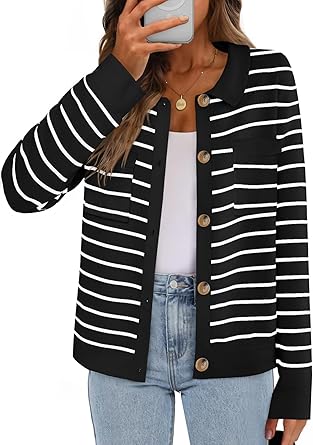 Photo 1 of (BAGGED) MEROKEETY Women's 2024 Fall Knit Striped Long Sleeve Sweater Open Front Button Down Cardigan
