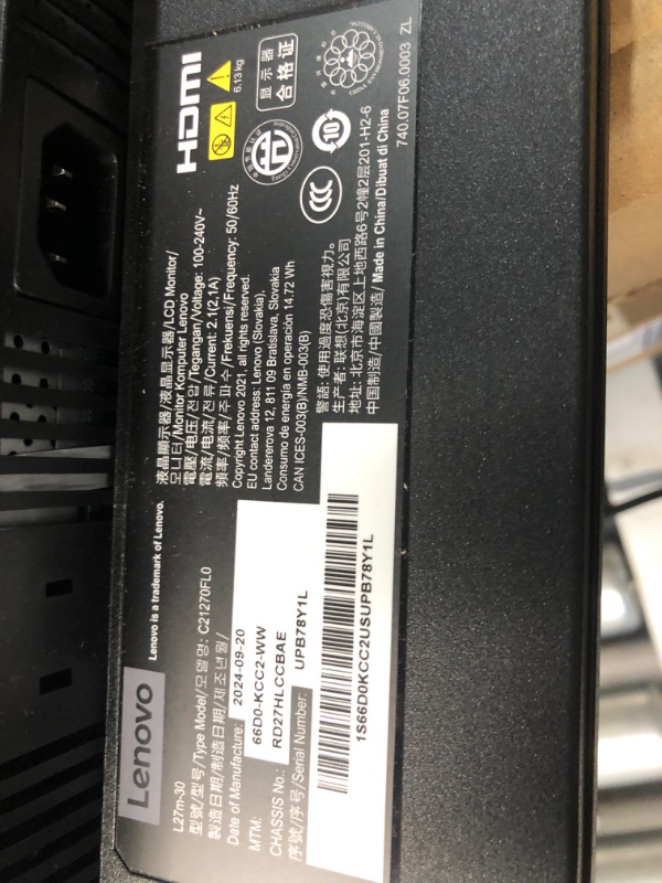 Photo 1 of *** MISSING PARTS*** Lenovo N27q Monitor, 27" IPS Display, QHD Resolution, 100Hz, HDR10, TÜV Low Blue Light, Tilt Stand, NearEdgeless Design