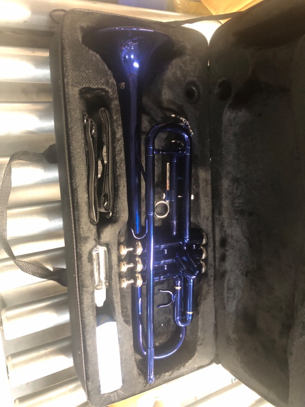 Photo 1 of ** SLICE ON VELCRO HANDLE OF THE CASE * IT DOES NOT AFFECT THE HANDLES FUNCTION **  LeSage Blue Trumpet for Students - Standard with Case, 7C Mouthpiece, Valve Oil & Cleaning Kit