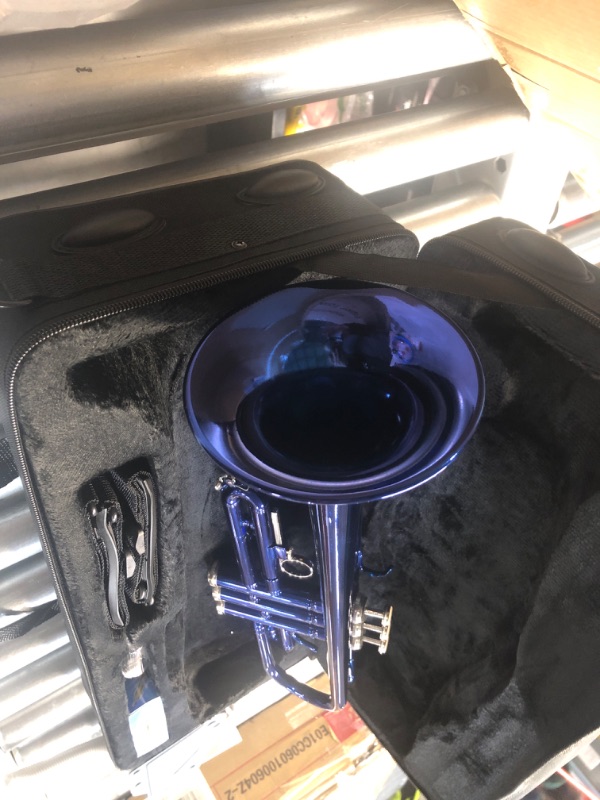 Photo 1 of ** SLICE ON VELCRO HANDLE OF THE CASE * IT DOES NOT AFFECT THE HANDLES FUNCTION **  LeSage Blue Trumpet for Students - Standard with Case, 7C Mouthpiece, Valve Oil & Cleaning Kit