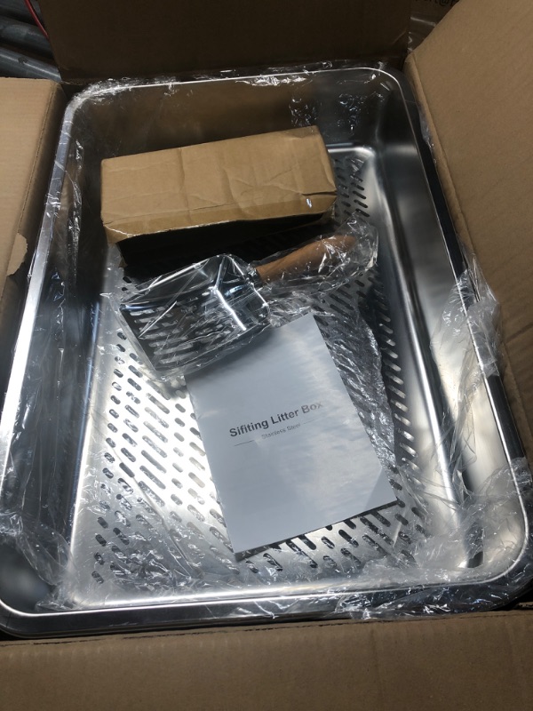 Photo 1 of ** MISSING LINERS/BAGS **  XL Stainless Steel Sifting Litter Box for Big Cats,Metal Sifting Cat Litter Box for Wood Pine Pellets,Extra Large Sifter Litter Pan System,Odor Control,Easy to Clean,with Liners and Metal Scoop