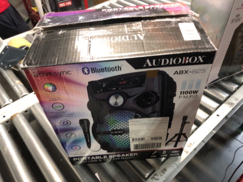 Photo 1 of ***(MAJOR DAMAGE/ SEE NOTES)***
Audiobox ABX-82S Portable 8" PA Speaker with Stand, WaveSync™ Technology, Bluetooth, LED Lights, 1100W - Includes Microphone & USB Cable