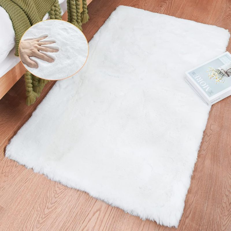 Photo 1 of  White Faux Bunny Fluffy Fur Rug Washable Area Rugs for Living Room Nursery Rugs for Bedroom Rectange Rug Cute Home Décor