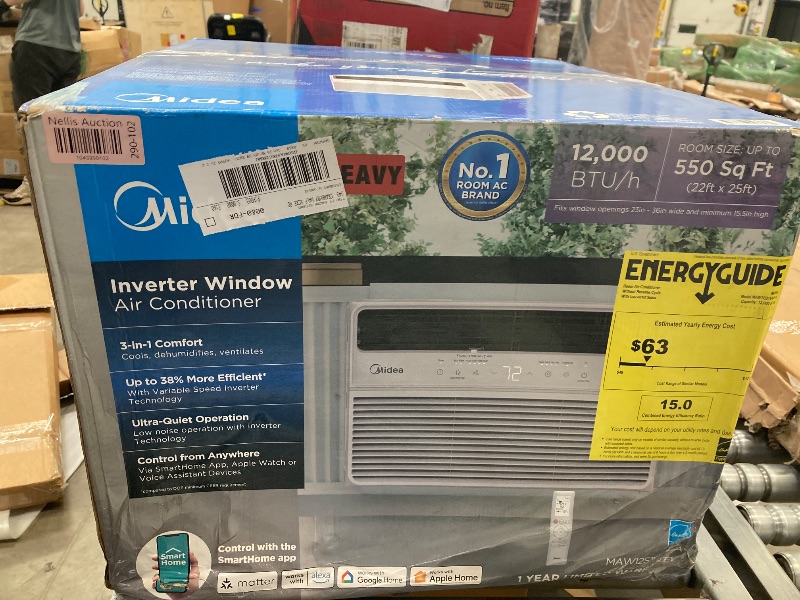Photo 1 of *** NOT COLD ENOUGH/PARTS ONLY***Midea 12,000 BTU Smart Inverter Window Air Conditioner with APP, Alexa Control, 115V AC Unit Cools up to 550 Sq. Ft, Quiet Operation, Energy Saving, Remote & Easy Installation Kit, White