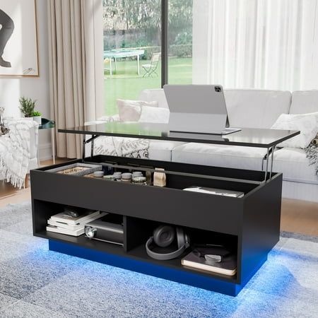Photo 1 of **NO INSTRUCTIONS/MISSING PARTS**Hommpa Lift Top Coffee Table with Hidden Compartment High Gloss Black Coffee Tables LED Center Rising Cocktail Table for Living Room Accent Furniture
