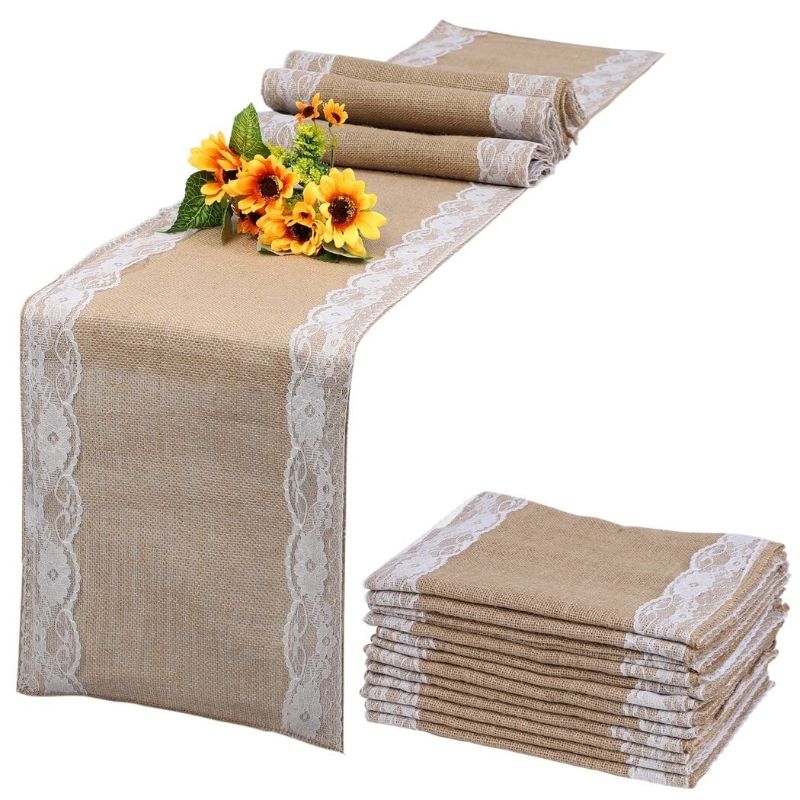 Photo 1 of 12 Packs Burlap Wedding Table Runners with White Lace, Farmhouse Natural Jute Country Vintage Tablecloth for Banquets, Vintage Wedding Rustic Banquet Table Decor 12"x71"