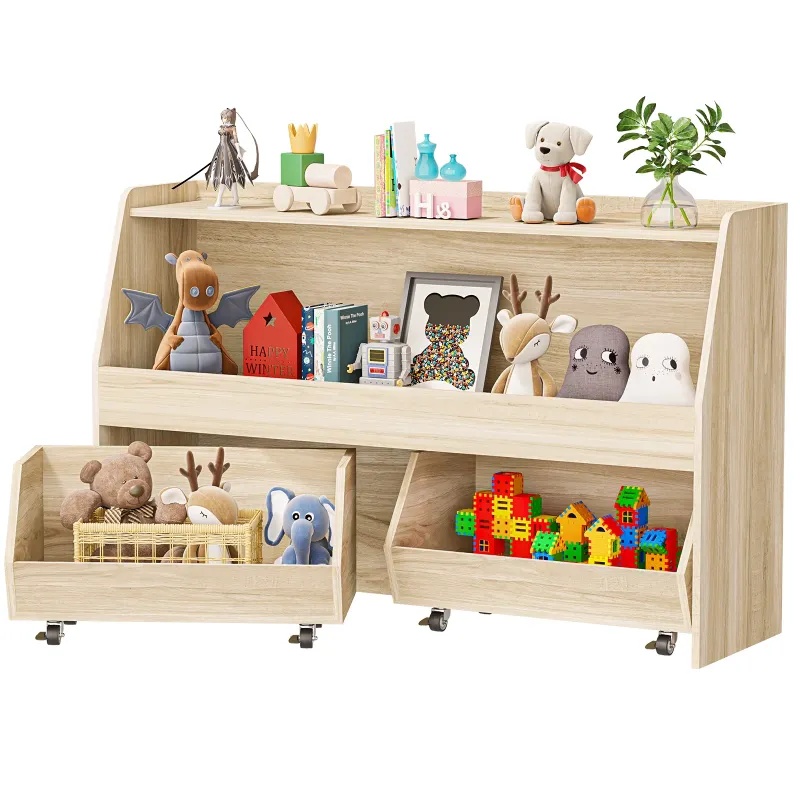 Photo 1 of 2-Tier Portable Toy Storage, Kids Toy Organizer W/2 Removable Bins with 4 Wheels?Wood)