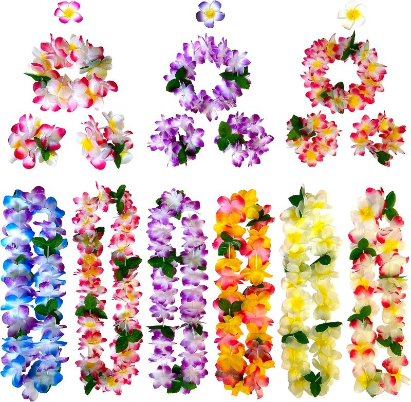 Photo 1 of 18 Counts Hawaiian Leis, Flower Hair Clip, Headbands and Wristbands, Perfect Luau Party Supplies for Summer Beach Vacations, Essential Party Decorations for Birthday, Graduation, and Wedding