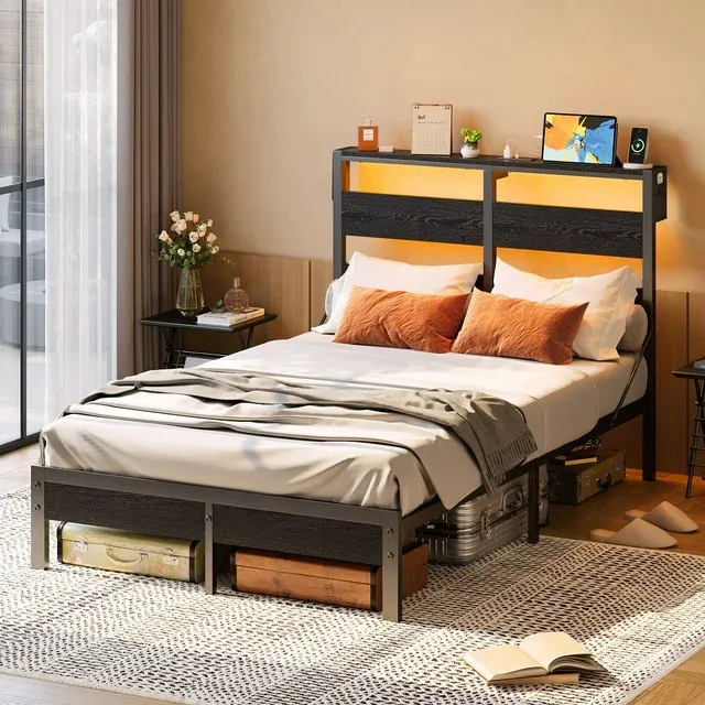 Photo 1 of **PARTS ONLY** 
Bestier Full Size Platform Bed Frame with Storage Headboard, LED Lights & USB Charging Station, Metal Bed Frame Black
