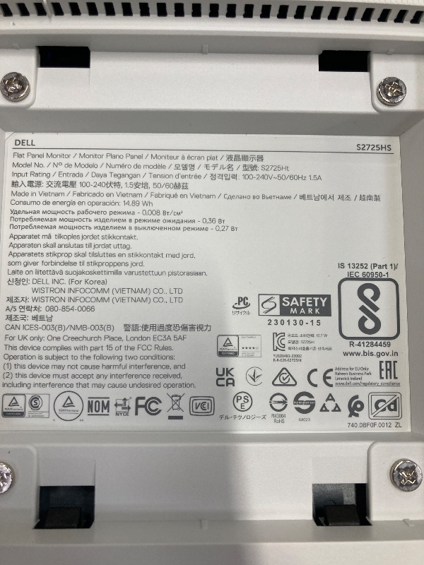 Photo 1 of ***SOLD FOR PARTS ONLY***  Dell S2725HS 27 Inch Monitor, FHD (1920x1080) Display, 100Hz Refresh Rate, 1500:1 Contrast Ratio, TÜV Rheinland Eye Comfort 4 Star, Integrated 2x5W Speaker, Height/Tilt/Swivel/Pivot- Ash White Color **Please Read Notes!!**