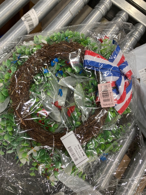 Photo 1 of 20Inch Patriotic Wreaths for Memorial Day 4th of July Summer Decor 3 Colors Wreaths for Front Door with Lamb Ears Leaves and Bow