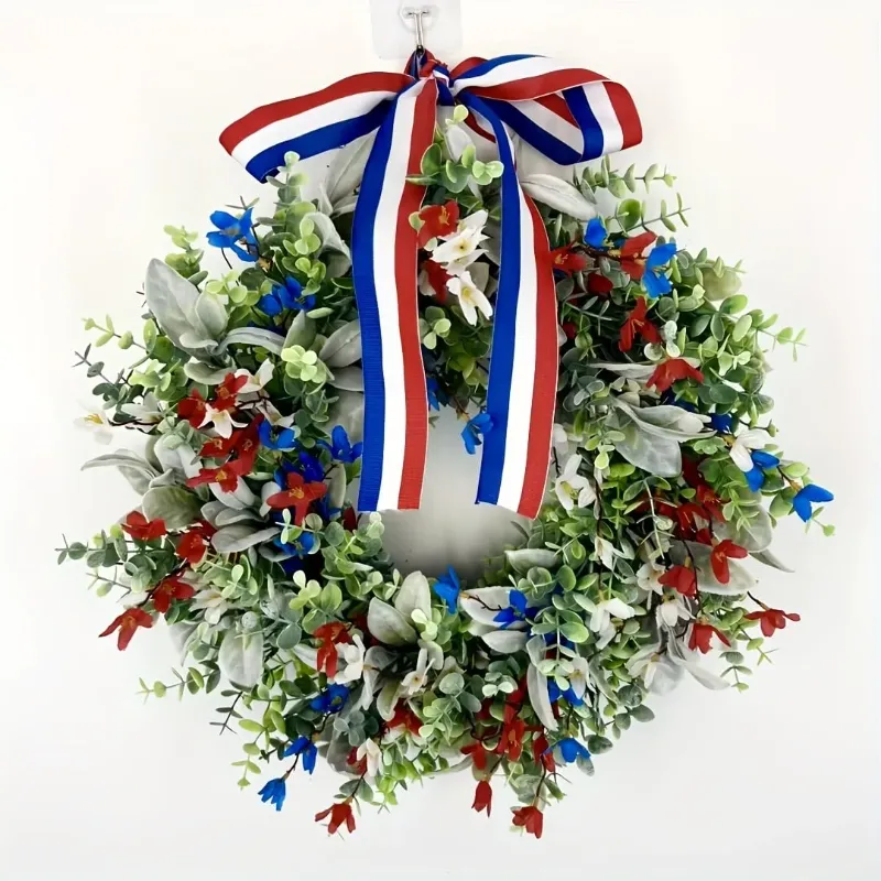 Photo 1 of 20Inch Patriotic Wreaths for Memorial Day 4th of July Summer Decor 3 Colors Wreaths for Front Door with Lamb Ears Leaves and Bow