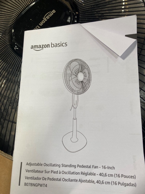 Photo 1 of **parts only** Amazon Basics 16" Pedestal Fan with Remote, Floor Fan, Standing Fan for Bedroom, Living Room, Office, with 3 Speeds, 3 Modes, Timer, Dual-Layered Blades, Adjustable Height, Tilt Head, 60W, Black