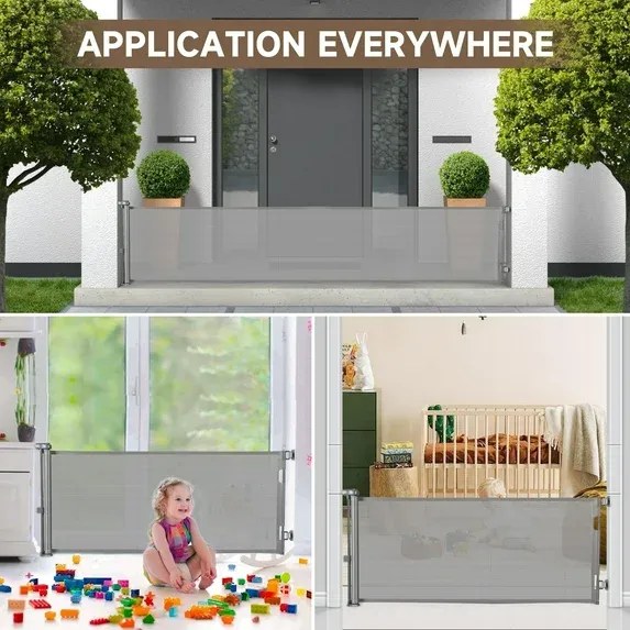 Photo 1 of 140 Inch Retractable Baby Gates, Extra Wide Baby Gates for Large Openings, Mesh Dog Gate Retractable, Safety Gates for Kids or Pets, Extra Long Baby Gates for Stairs Doorway Indoor Outdoor-Gray