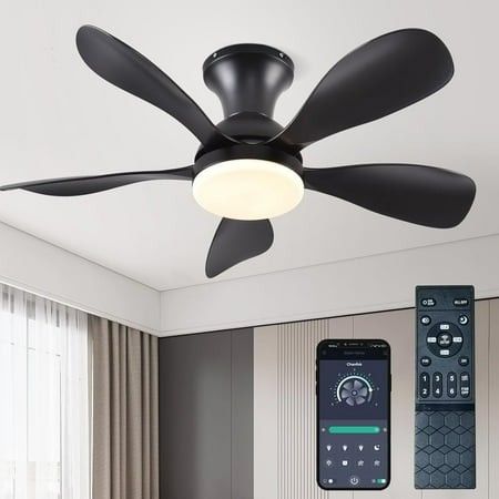 Photo 1 of 33In Black Low Profile Ceiling Fans with Lights and Remote/APP Control Modern Flush Mount Ceiling Fan with 5 Reversible Blades for Outdoor Patio Small