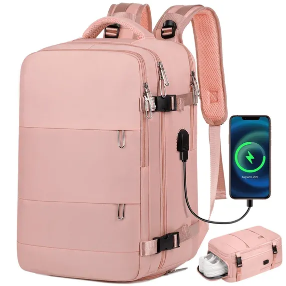Photo 1 of 17.7" Travel Backpack with USB Port & Shoe Compartment, TSA-Approved Laptop Carry On Backpack, Waterproof Large Casual Daypack Travel Bag for Women Men Weekender Trips, Business & Hiking, Pink
