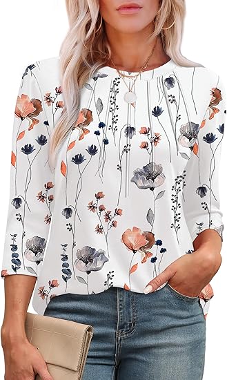 Photo 1 of  3/4 Length Sleeve Womens Tops Round Neck Casual Tunic Tops Basic Pleated Shirts Loose Fit 2025 SIZE 2XL