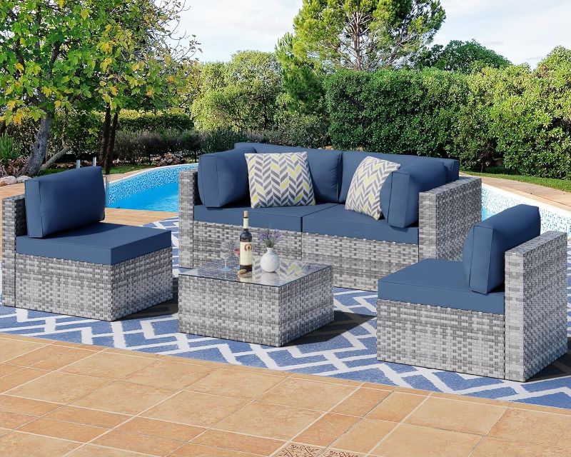 Photo 1 of ***CONTAINS 3 SINGLE CHAIRS AND GLASS TABLE****Shintenchi 5 Pieces Outdoor Patio Sectional Sofa Couch, Silver Gray PE Wicker Furniture Conversation Sets with Washable Cushions & Glass Coffee Table for Garden, Poolside, Backyard (Aegean Blue)