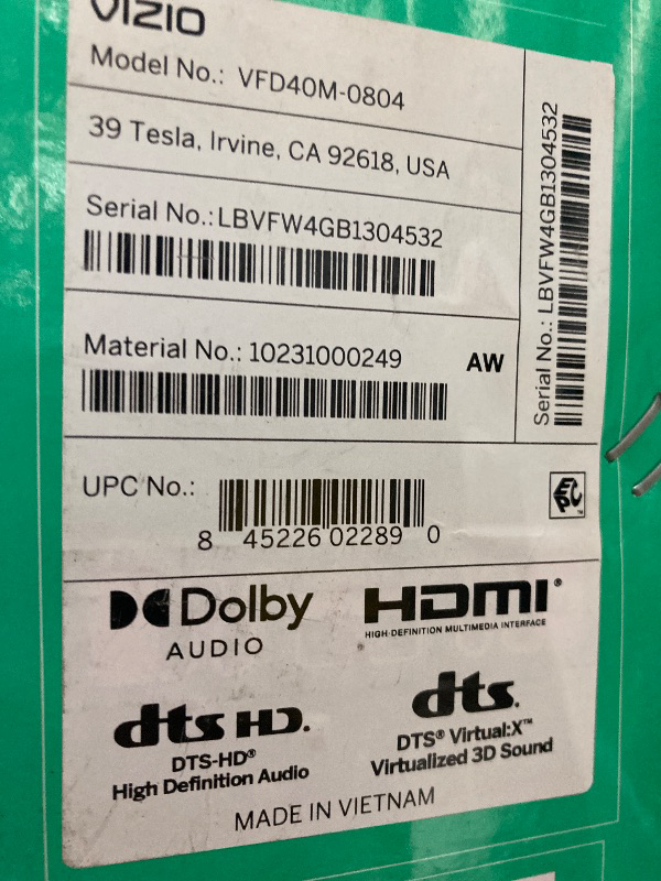 Photo 1 of ***PARTS ONLY***
VIZIO 40-inch Full HD 1080p Smart TV with DTS Virtual: X, Alexa Compatibility, Google Cast Built-in, Bluetooth Headphone Capable, (VFD40M-08 New)