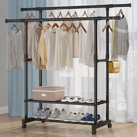 Photo 1 of 2/3 Tiers Double Rails Rolling Clothes Garment Rack on Wheels Clothing Rack for Hanging Clothes Double Rods Clothes Rack with Bottom Sheves for Shoe
