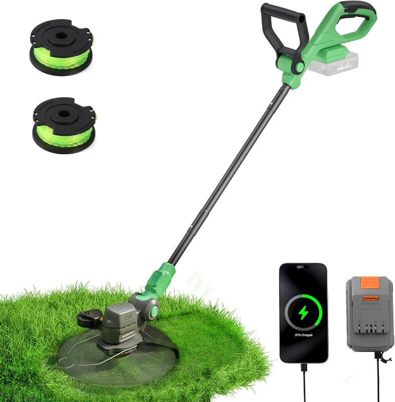 Photo 1 of 12-inch 20V Cordless String Trimmer with Charger, 2 X 2.0Ah Battery Powered Grass Mover with Auto Line Feed, 2 in 1 Lawn Edger with 8 Pcs Grass Cutter Spool Line and 2 Spool Cap, Green