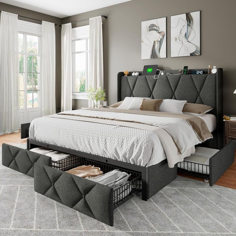 Photo 1 of (7-11 Days for Delivery) Upholstered Platform Bed Full/Queen Bed Frame with 4 Storage Drawers 2 USB Ports Storage Headboard Charging Station and Metal Slat Support No Box Spring Needed (Queen)