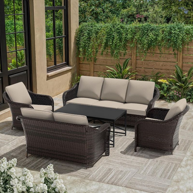 Photo 1 of 1 BOX OUT OF 3 - PARTIAL SET

5 Pieces Outdoor Patio Conversation Furniture Set - 78" 3-Seat Couch | 55" 2-Seat Couch | 2 Chairs | Metal Coffee Table, Rattan Wicker Loveseat Sofa 