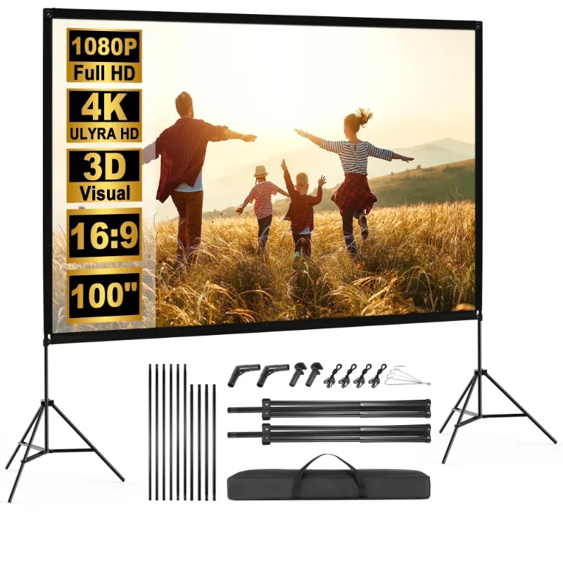 Photo 1 of 100" Projector Screen with Stand, Foldable Portable Movie Screen, 16:9 HD 4K Wrinkle-Free with Carry Bag, Projection Screen Indoor Outdoor Projector Movies Screen for Home Theater
