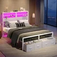 Photo 1 of **MISSING PARTS**Pinmoco LED Queen Bed Frame with 49.2" High Storage Headboard and 4 Drawers, Adjustable Base Height Metal Platform Bed with Charging Station, White