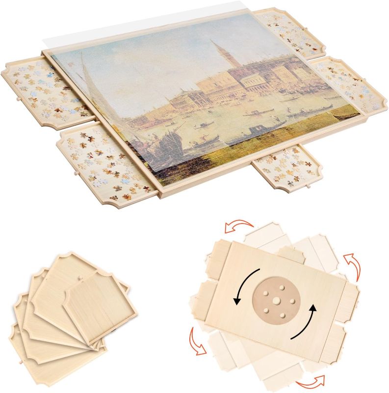 Photo 1 of **WOOD DAMAGED ON ONE CORNER**VEVOR 2000 Piece Rotating Puzzle Board with 5 Drawers and Cover, 40x29 in Portable Wooden Table, Jigsaw Puzzle Accessories for Adults, Puzzles Organizer Storage System, Birthday Gift for Mom
