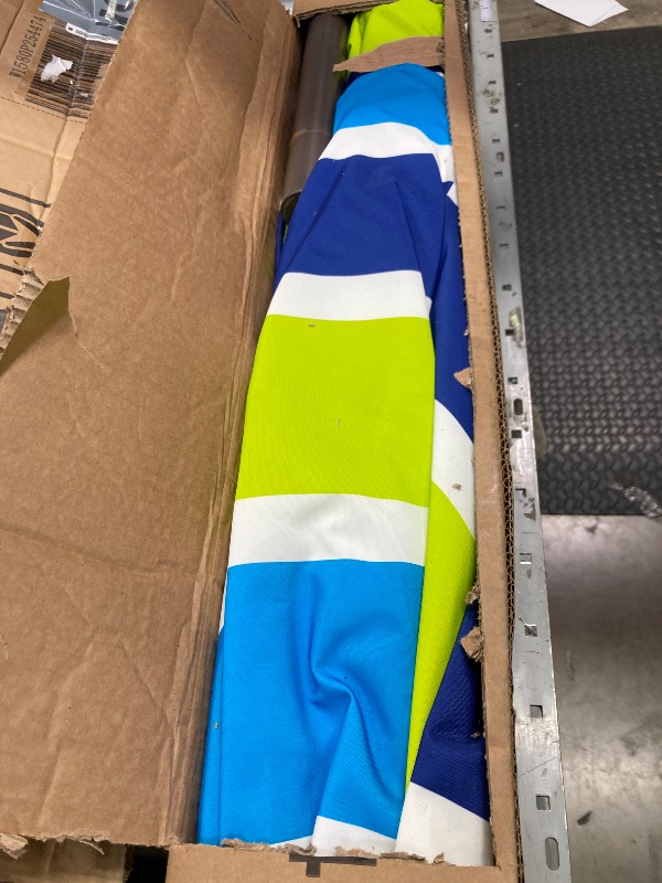 Photo 1 of SIMILAR TO JEAREY 8x10 ft Rectangular Patio Umbrellas Outdoor Table Market Umbrella w/Crank, 8 Sturdy Ribs, UV Protection Waterproof Sunproof(Blue Green Striped)  ***(SOME SMALL DIRT SPOTS, SMALL RUST AREA ON POLOE, BOX RIPPED/TORN...SEE ALL PHOTOS)***