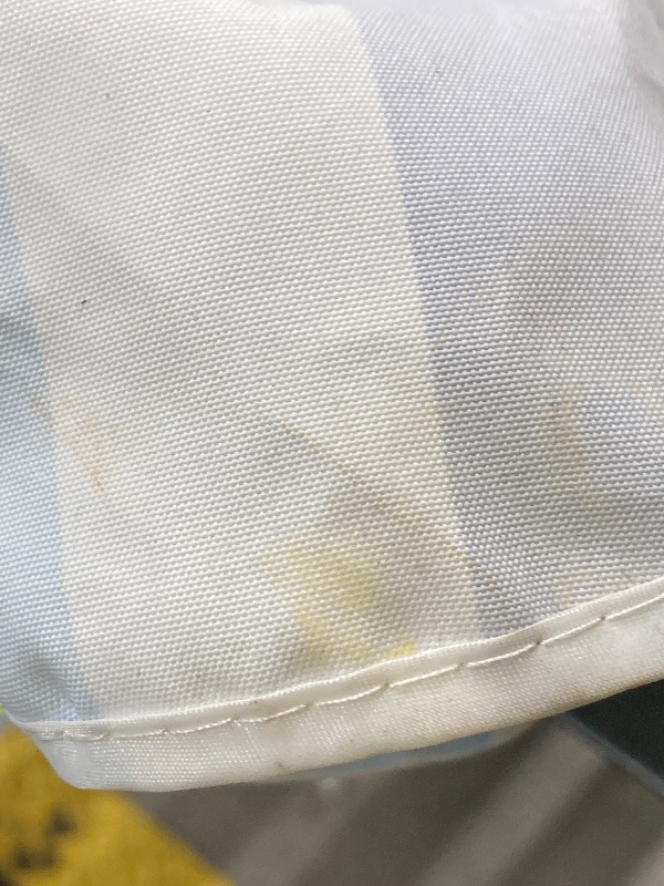 Photo 1 of SIMILAR TO JEAREY 8x10 ft Rectangular Patio Umbrellas Outdoor Table Market Umbrella w/Crank, 8 Sturdy Ribs, UV Protection Waterproof Sunproof(Blue Green Striped)  ***(SOME SMALL DIRT SPOTS, SMALL RUST AREA ON POLOE, BOX RIPPED/TORN...SEE ALL PHOTOS)***