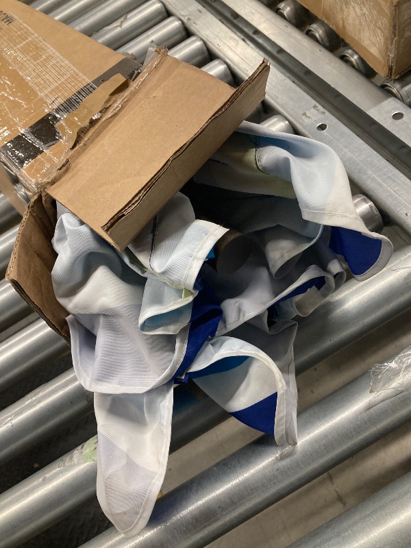 Photo 1 of SIMILAR TO JEAREY 8x10 ft Rectangular Patio Umbrellas Outdoor Table Market Umbrella w/Crank, 8 Sturdy Ribs, UV Protection Waterproof Sunproof(Blue Green Striped)  ***(SOME SMALL DIRT SPOTS, SMALL RUST AREA ON POLOE, BOX RIPPED/TORN...SEE ALL PHOTOS)***