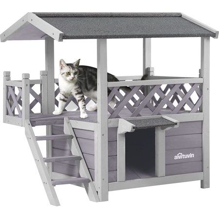 Photo 1 of Aivituvin Wood Cat House with Balcony Outdoor Indoor Kitty Shelter with Stairs