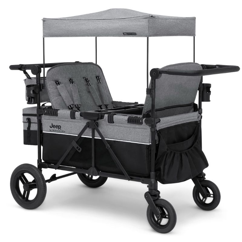 Photo 1 of  Deluxe 4 Seater Stroller Wagon by Delta Children - Premium Quad Stroller Wagon for 4 Kids with Convertible Seats, Adjustable Push/Pull Handles, Removable Canopy & Flat Fold, Grey
