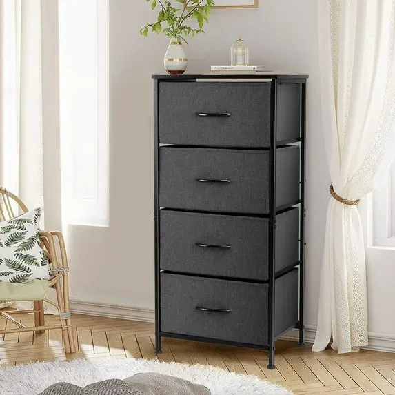 Photo 1 of 4 Drawers Dresser for Bedroom, Vesteel Fabric Chest of Drawers Tall Storage Tower with Wood Top and Sturdy Steel Frame, Storage Organizer Unit for Closet, Living Room, Hallway - Black
