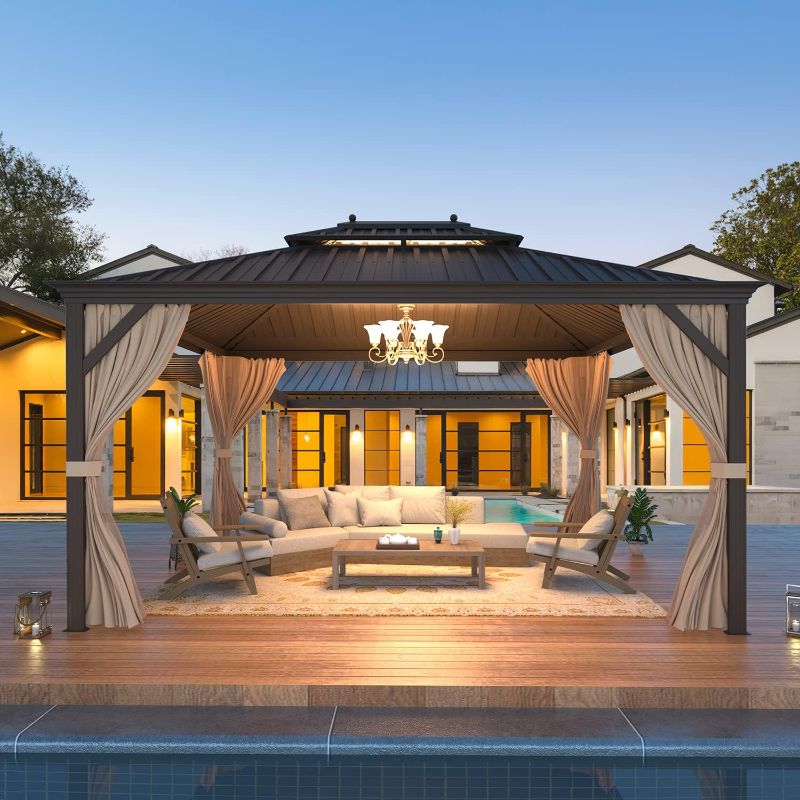 Photo 1 of ***FRAME PARTS ONLY/INCOMPLETE SET**EROMMY 10' X 12' Permanent Hardtop Gazebo Aluminum Gazebos with Galvanized Steel Double Roof for Patio Lawn and Garden, Curtains and Netting Included, Dark Bronze