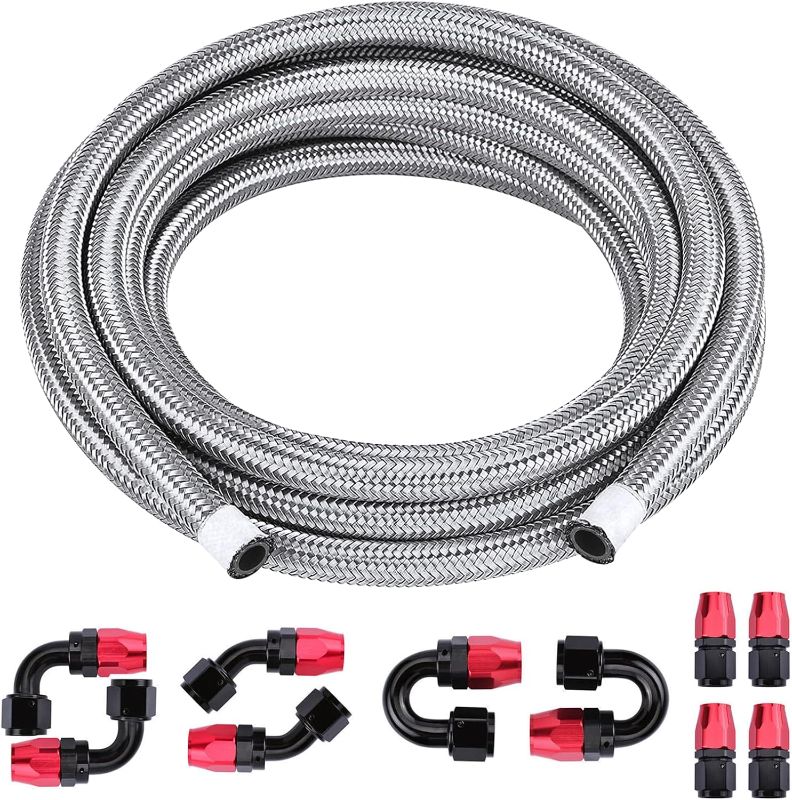 Photo 1 of ***JUST THE FUEL HOSE/MISSING ADAPTER FITTINGS**6AN 10FT 3/8'' CPE Fuel Line Fitting Kit, Universal AN6 Nylon Braided Fuel Hose with 10PCS Red & Black Aluminum Swivel Fuel Hose End Fitting Adapter Kit - Sliver