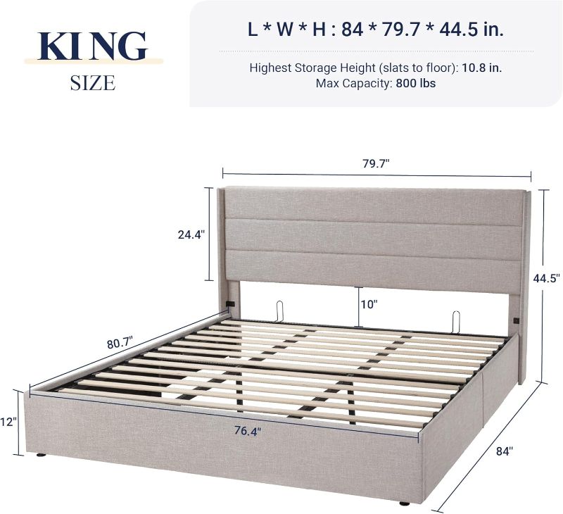 Photo 1 of  the art of living King Size Lift Up Storage Bed, Modern Wingback Headboard, Hydraulic Support, No Box Spring Needed, Light Beige
